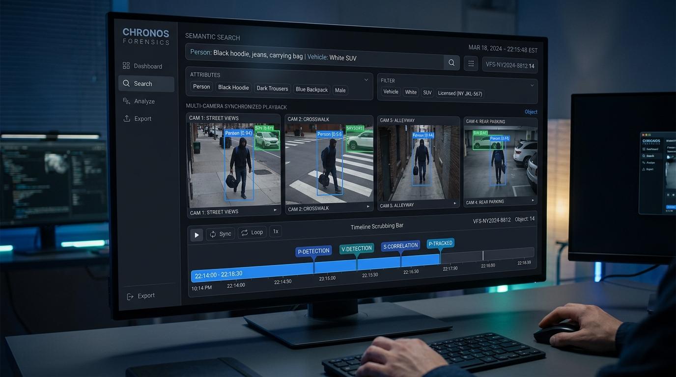 Multi-camera synchronized video forensics playback interface